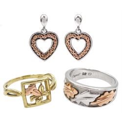 Clogau jewellery including 9ct gold St David's daffodil ring, silver and rose gold oak leaf ring and a pair of silver and rose gold heart pendant stud earrings, all hallmarked, in original boxes 