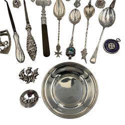 Small silver circular dish D8.5cm, two silver handled glove button hooks, two Scottish silver brooches, silver ring, silver bladed preserve spoon, Continental souvenir spoons, together with two Victorian silver cased key wind hunter pocket watches, viz Stewart Dawson & Co Liverpool and T.M Rankin Invercargill etc