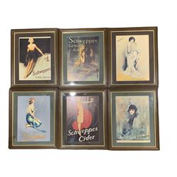Set six reproduction art deco posters of Schweppes adverts including 'Ginger Ale' 'Tonic Water' & 'Cider', depicting 1920's flapper girls and the beverage, housed in matching frames 30cm x 21cm (6)