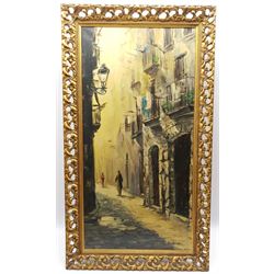 De Vila (20th century): Narrow Continental Street and Landscape, two oils on canvas one signed 95cm x 47cm and 55cm x 120cm