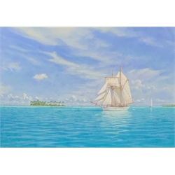 John Michael Groves (1937-2019): 'Visiting Yachts in Ava Nui Pass, Bora Bora, pastel signed and dated 99' 37cm x 53cm  