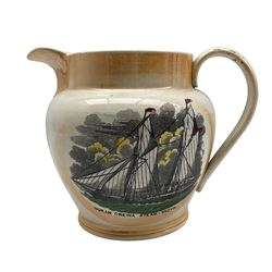 19th century Sunderland orange lustre jug with a study of a sailing ship 'True Love from Hull', the reverse with Noran Creina Steam-Yacth (sic), and a verse titled 'Love' H18cm