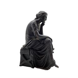 19th century bronze of a seated pensive Classical female figure 'Travaux'', seated on cross-frame stool, H23cm