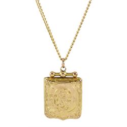 Early 20th century gold-plated locket pendant, with bright cut decoration, on later 9ct gold necklace chain