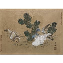 Chinese School (19th century): Sparrows Feeding, colour woodblock print heightened with white stamped and inscribed 20cm x 26cm