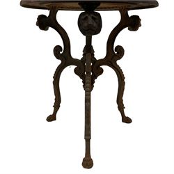 Cast iron garden table, pierced basket circular top with trailing grape vine band, on scrolling supports with lion masks and paw feet