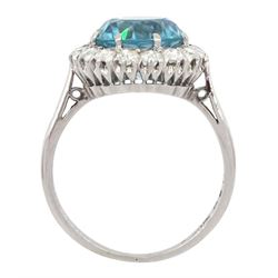 Early-mid 20th century 18ct white gold blue zircon and old cut diamond cluster ring, stamped