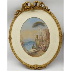 Thomas Charles Leeson Rowbotham (British 1823-1875): Figures on Classical Italianate Terraces, pair oval watercolours signed and dated 1870, 31cm x 23cm in ornate gilt frames with scrolled decoration (2)