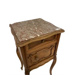 Early to mid-20th century walnut bedside pot cupboard, rouge marble inset top in moulded frame, fitted with drawer and cupboard, on foliate carved cabriole supports with scroll terminals