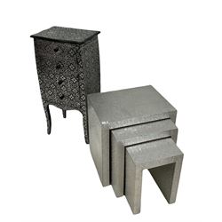 Silvered foil pedestal chest, and nest of silver tables