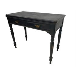 Early 20th century black and waxed finish mahogany card table, fold-over top with rounded corners revealing inset baize, fitted with two drawers, raised on turned supports