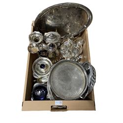 Quantity of silver-plate including a Victorian teapot, egg stand, trays, posy vases etc in one box