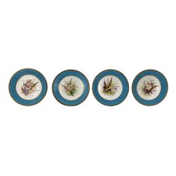 Victorian Royal Worcester porcelain dessert service circa 1877, each piece hand painted with a spray of wildflowers and fruit against a turquoise ground, within black painted Greek key and gilt borders, comprising two tall comports, the fluted stem with three receptacles shaped as winged insects on trefoil base, four short comports on trefoil base and twelve plates, pattern number B241 painted in iron red, puce and black painted factory marks (18)