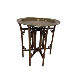 Chinese brass table engraved with animals, with hardwood folding stand D60cm
