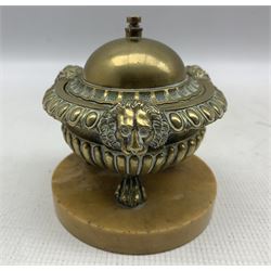 19th century Ashbourne marble hexagonal inkstand with centre recess and coloured marble segments W15cm,  marble paperweight and a brass inkstand on a marble base D10cm 