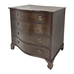 Hepplewhite period serpentine mahogany chest, figured top with banding, four long drawers with original brass plate and ring handles, raised on bracket feet, W97cm, H92cm, D60cm