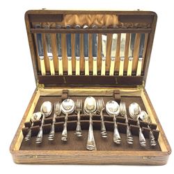 Set of rat tail plated cutlery with bone handled knives for six covers engraved with the initial 'F' and in oak box