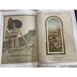 Two albums of Victorian and later sheet music covers relating to flowers to include Sweet Blossom, A Rose in a Garden of Weeds, The Blush Rose Waltz, Perfume of Roses Air de Ballet, Songs of the Season by Charles Coote junior, Jasmine by Billy Mayeri, Bats in the Belfry and many others (approx 120, plus later printed covers) Provenance: From the Estate of a Local private collector
