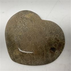 Two fossilised coral dish in the form of hearts, largest H13cm
