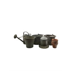 Two galvanised tin mop buckets, pail, watering can and drinker together with quantity of terracotta plant pots 