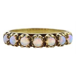 Silver-gilt seven stone opal ring, stamped Sil