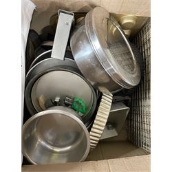 Quantity of kitchen sauce pans, vintage pie tins, pastry cutters etc in two boxes