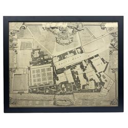 George Vertue (British 1684-1756): 'A Survey & Ground Plot of the Royal Palace of White Hall with the Lodgings & Apartments belonging to their Majesties as surveyed by John Fisher in 1680, engraved map pub. 1747, 55cm x 70cm