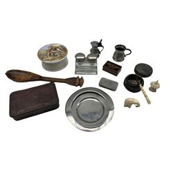 English Pewter snuff box by C Currey Ltd, 19th century ivory handled desk seal with bronze matrix engraved with a Dog, 19th century Pratt & Sons pewter dish, 19th century Chinese ivory tape measure in the form of a Pagoda, Pratt ware paste jar 'I See you my Boy', 1914 Christmas tin etc 