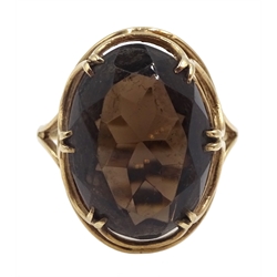 9ct gold large oval smoky quartz ring, hallmarked