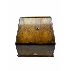 Victorian figured walnut stationery casket enclosed by divided doors, single spring loaded drawer, lifting top and a well figured interior with presentation plaque 1898 W33cm