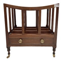 Regency mahogany Canterbury, with two divisions and single drawer, raised on turned supports with brass cup castors W45cm