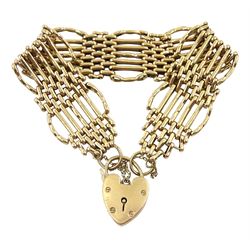 9ct gold seven bar gate bracelet, with heart locket clasp, hallmarked, approx 30.1gm