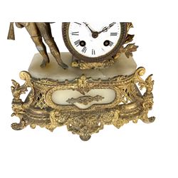 French - late 19th century alabaster and gilt spelter 8-day mantle clock, with a drum cased movement and figure of a huntsman on an alabaster and ornate gilt spelter plinth, enamel dial with Roman numerals and Fleur di Lis hands, Parisian count wheel striking movement, striking the hours and half hours on a bell. With pendulum and key.