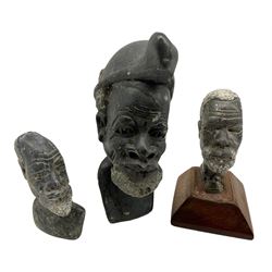 Set three African (possibly Zimbabwean) soapstone busts of bearded gentlemen together with three framed tapestries