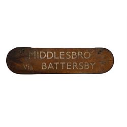 North Eastern Railway painted wooden double-sided sign 'Middlesbro' Via Battersby' L63cm 