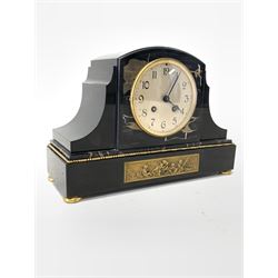 Victorian marble mantle clock, the arched case with variegated marble and a hammered brass panel depicting cherubs, the eight day movement stamped 'Lenzkirch' striking the hours hammer on coil W37cm