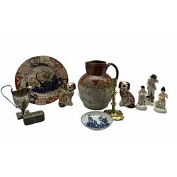 19th century harvest jug H22cm, pair of small Staffordshire spaniels, 18th century brass candlestick, four pieces of dolls house glass etc