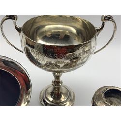 Silver two handled challenge cup with Masonic presentation inscription 'Neasden Lodge' H13cm London 1934 7.6oz, silver shell shape butter dish, modern small silver photograph frame, pair of small silver candlesticks and an oval mirror in Continental 900 standard frame