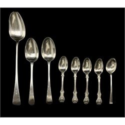 George III silver dessert spoon London 1781 Maker John Lambe, another, an 18th century silver basting spoon, stretcher marks, four Victorian silver tea spoons and one other 12oz