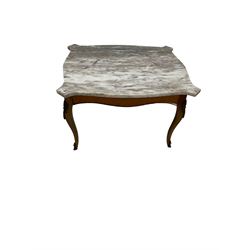 Louis XVI design small coffee table, marble rectangular top with canted corners, frieze rail with mahogany chequerboard veneer, raised on cabriole supports mounts