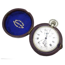 Watkins Queen Bee chrome exposure meter keyless chronograph pocket watch, circa 1930, white enamel dial with Roman numerals, outer minute track, subsidiary seconds and thirty minute recorder, in original fitted case