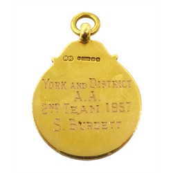 9ct gold and enamel 'National Angling Championship' presentation medallion, makers mark HM, Birmingham 1957, approx 17.3gm