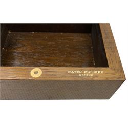 Patek Philippe wooden wooden lacquered watch box, with silvered strip to one side, embossed and gilt Patek Philippe Geneve to inner rim, magnetic closure, empty interior, together with a Cartier watch box (2)