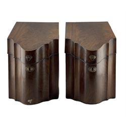 Pair of George III mahogany inlaid knife boxes, each of serpentine form with hinged, sloping covers, the interiors vacant, with inlaid star motif to interior of lid, H37cm, W22cm, D27.5cm 