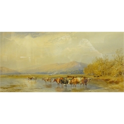 Cornelius Pearson (British 1805-1891) and Thomas Francis Wainwright (British 1794-1883): Cattle Watering, watercolour signed by both artists and dated 1875, 36cm x 71cm  