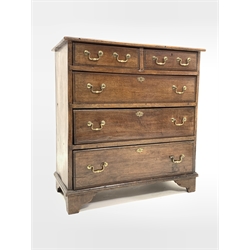 19th century oak chest fitted with two short and three lon graduated drawers, brass swan neck pull handles, raised on bracket supports, W93cm, H98cm, D44cm