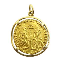 Byzantine Basil I The Macedonian, with Constantine (A.D. c.867-886), Gold Solidus coin, loose mounted in 18ct gold pendant