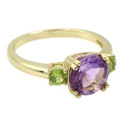 Silver-gilt three stone amethyst and peridot ring, stamped 925