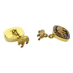 Fabergé pair of 14ct gold blue enamel and diamond elephant cufflinks, with bear toggle backs, the reverse stamped HW for workmaster Henrik Wigström and 56 zolotnik, in original fitted box  