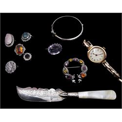 Scottish silver paste stone set brooch by H Wright & Son, Edinburgh 1954, 9ct gold manual wind wristwatch, on 9ct gold expanding link bracelet, five stone set rings including moss agate, silver stone set brooch, silver fish knife with mother of pearl handle and a silver child's bangle
